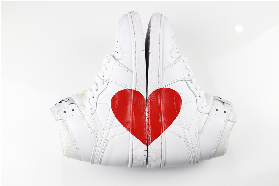 New Women Air Jordan 1 Red Heart All White Shoes